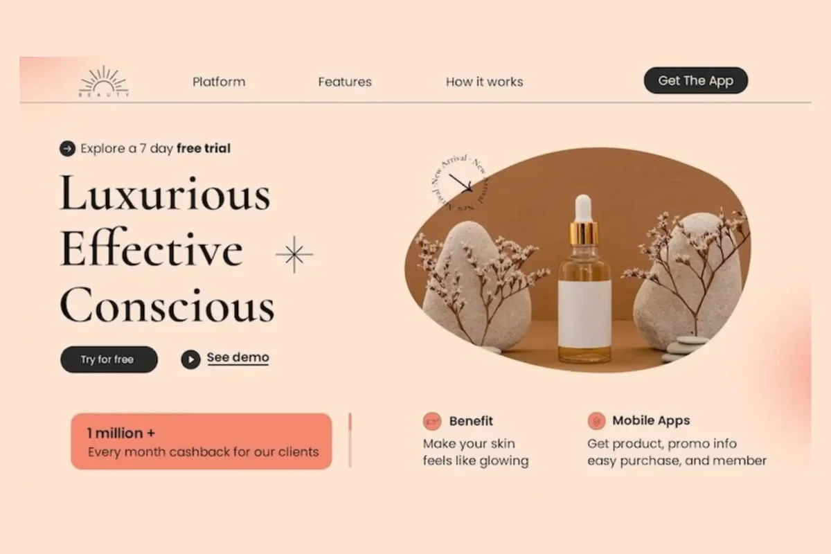 Web design layout for a skincare brand featuring a dropper bottle photo, navigation links, and call-to-action buttons