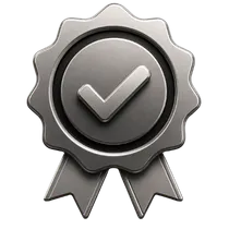 Silver seal badge with a checkmark in the center and ribbons at the bottom